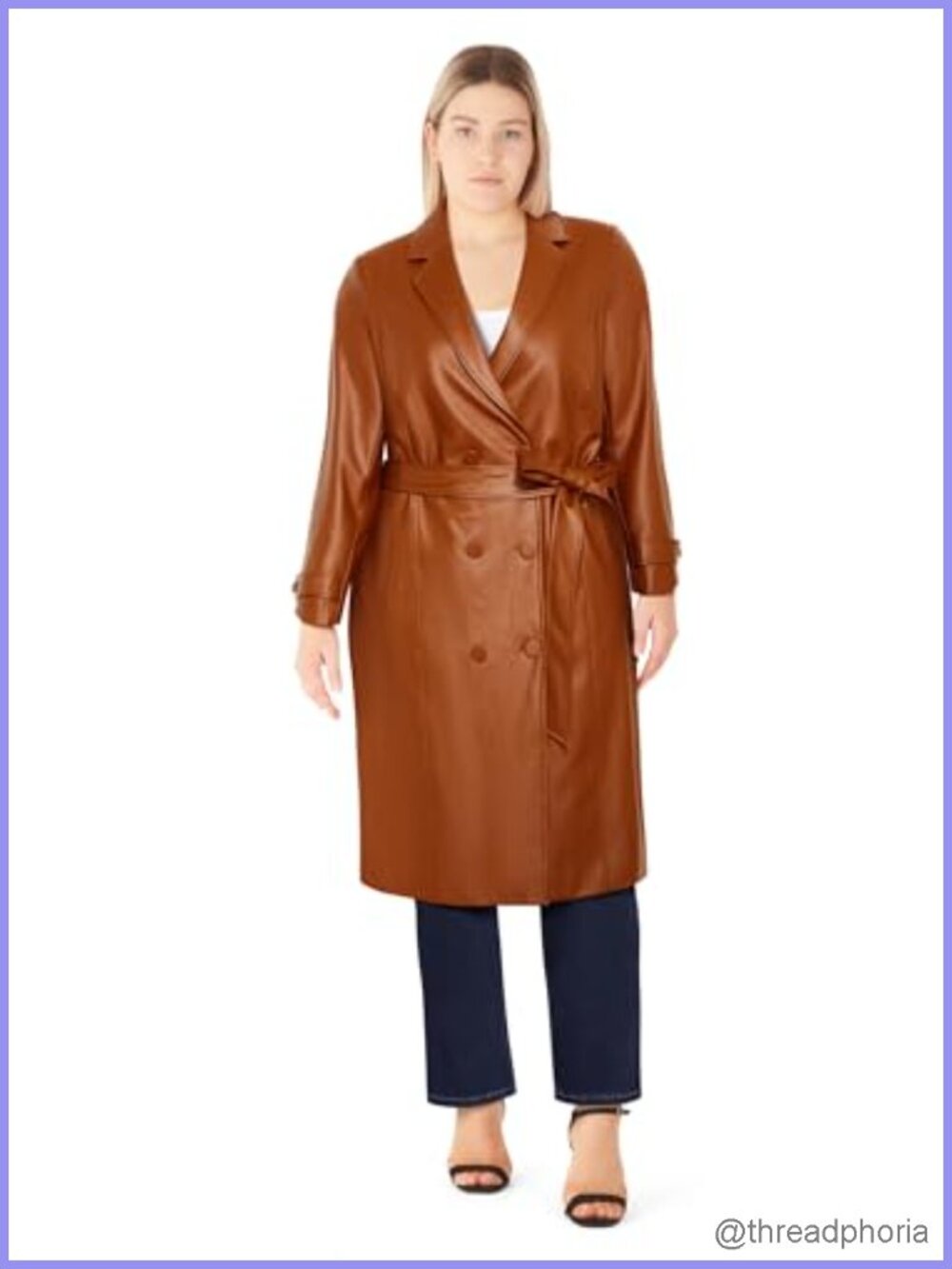 Faux Leather Trench Coat Plus Size Removable Belt Midi Length Button Closure